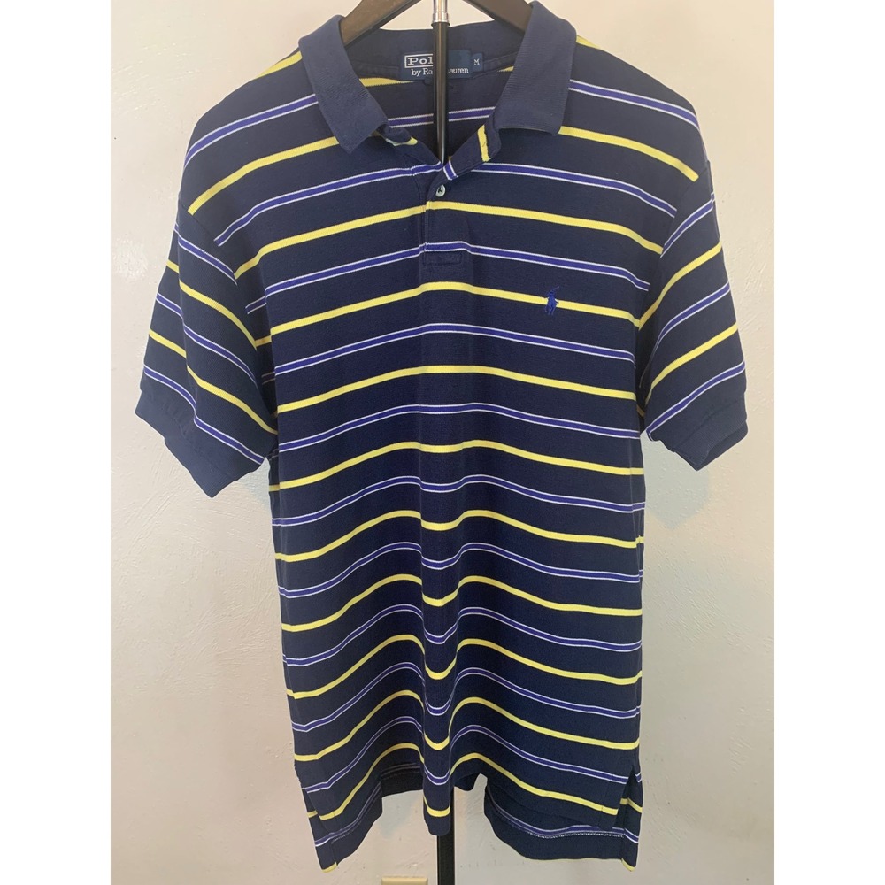Polo Ralph Lauren Mens Medium Navy Blue Striped Pique Cotton Shirt Pony Logo